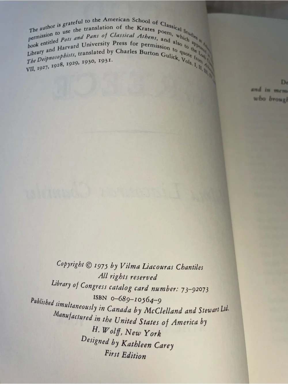 1975 The Food of Greece by Vilma Liacouras Chantile, First Ed. Greek Cookbook